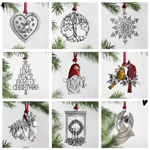 Christmas Tree Ornament Metal Pendants Silver Pewter Hanging Holiday Decoration Snowman Angel Gnome Tree Of Life Dove