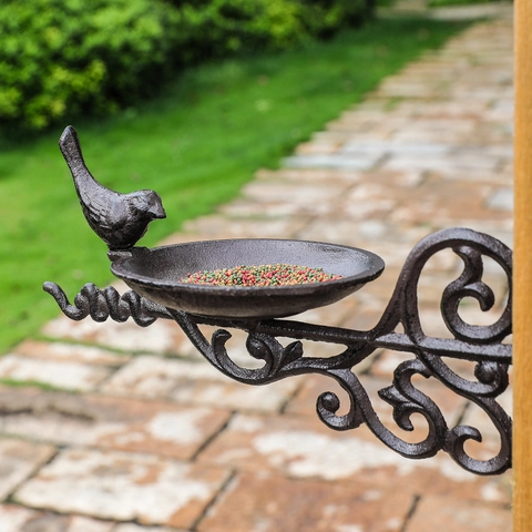 Cast Iron Bird Feeder Wall Mounted Bird Bath Vintage Scrollwork Outdoor Garden Decoration Heavy Duty Sculpture