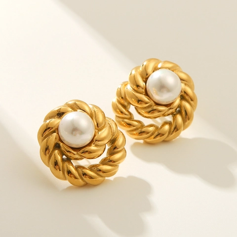 Pendientes De Botón Con Torsión De Cuerda Vintage Con Perla Artificial Sintética Acero Inoxidable Chapado En Oro De 18K Joyería Geométrica Estilo Francés Para Mujer
