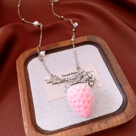 Pink Flocking Strawberry Pendant Necklace With Imitation Artificial Pearl Silver Color Alloy Chain Sweet Elegant Jewelry For Women