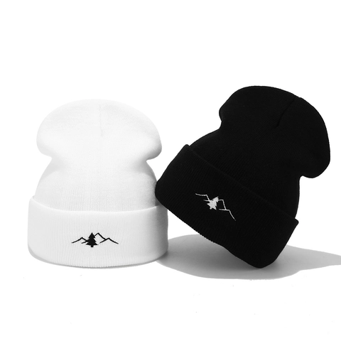 Berretto In Maglia Con Ricamo Di Montagna Acrilico Con Risvolto Caldo Invernale Unisex
