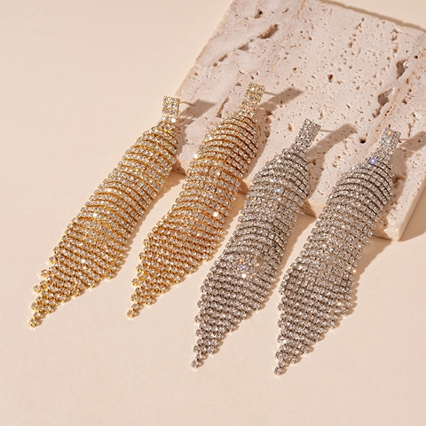 Boucles D'oreilles Géométriques À Longs Glands En Strass Avec Tige En Argent Base En Cuivre Bijoux De Luxe Élégants