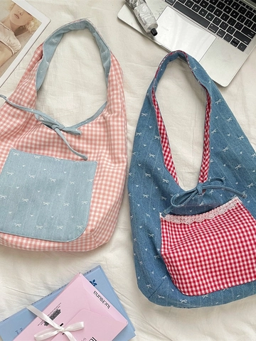 Borsa A Spalla In Denim Con Stampa Fiocco Stile Coreano Tasca Gingham Bordo In Pizzo Grande Capacità Colore A Contrasto