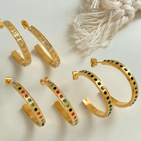 Orecchini a Cerchio a C in Acciaio Inossidabile Esagerati Donna Con Strass Multicolore Verdi Bianchi Gioielli Geometrici