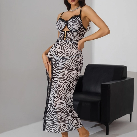 Sexy Lingerie Dress Leopard Zebra Print Mesh High Slit Spaghetti Strap Lace Trim Exotic Nightwear For Women
