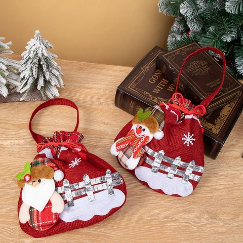 Christmas Gift Bags Burlap Plaid 3D Santa Snowman Reindeer Bear Drawstring Handheld Candy Pouch Festive Party Decoration