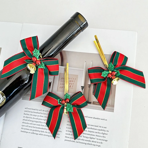 Christmas Ribbon Bows With Gold Bell And Red Berries Red Green Striped Fabric Decorations For Tree Wine Bottle