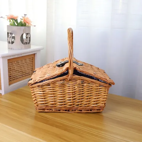 Handwoven Willow Picnic Basket With Double Lid Fabric Lining Portable Rattan Storage For Outdoor Camping Travel Decor