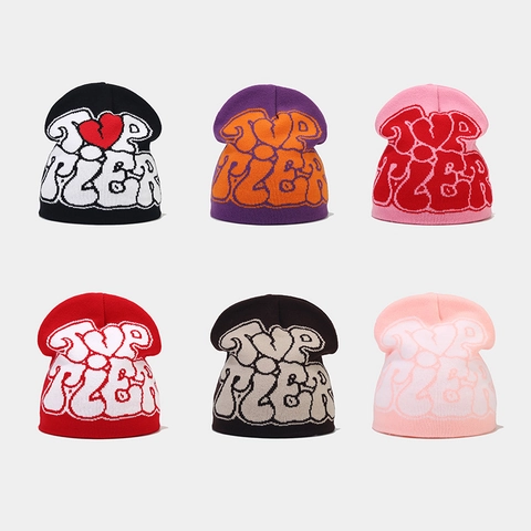 Bonnet En Maille Jacquard Lettres Top Tier Motif Coeur Acrylique Streetwear Chaud Hiver Pour Hommes Femmes