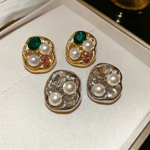 Orecchini A Perno Vintage In Lega Con Perla Artificial D Imitazione Strass E Perno In Argento Sterling 925 Geometrici Per Donna