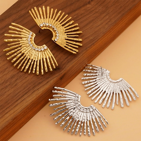 Stud Earrings Stainless Steel With Zircon Geometric Fan Shaped Radial Sun Pattern For Women Bohemian Fashion Jewelry