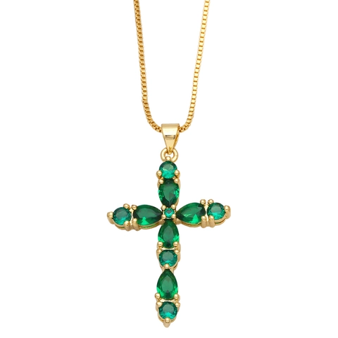 Collana Con Pendente A Croce Rame Placcato Oro 18K Con Zircone Colorato Hip Hop Moda Gioielli Eleganti Donna