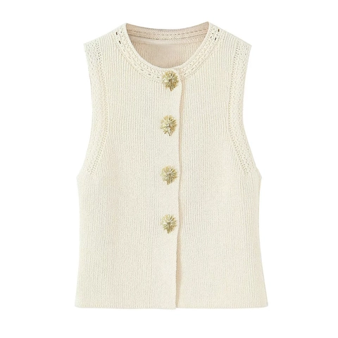 Women Elegant Knit Vest Cardigan Sleeveless Top With Gold Flower Buttons And Hollow Lace Trim Vintage Casual Ribbed