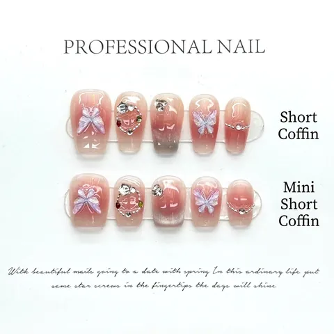 Uñas Postizas Hechas A Mano Degradado Rosa Mariposa 3D Perla Artificial Diamantes De Imitación Forma Ataúd Manicura Reutilizable
