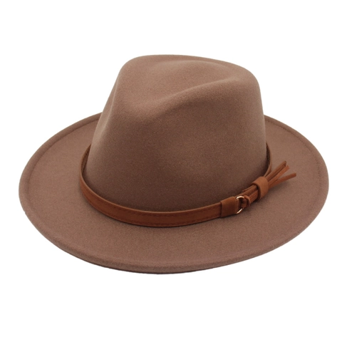 Fedora Hat Wide Brim Cotton Woolen Felt British Retro Jazz Cap With Leather Strap Tassel Elegant Style For Women Men
