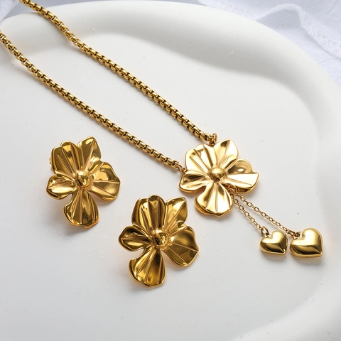 Vintage Acciaio Inossidabile Fiore Cuore Collana Orecchini Gioielli Oro Argento Galvanico Occidentale Elegante Donna Matrimonio Festa