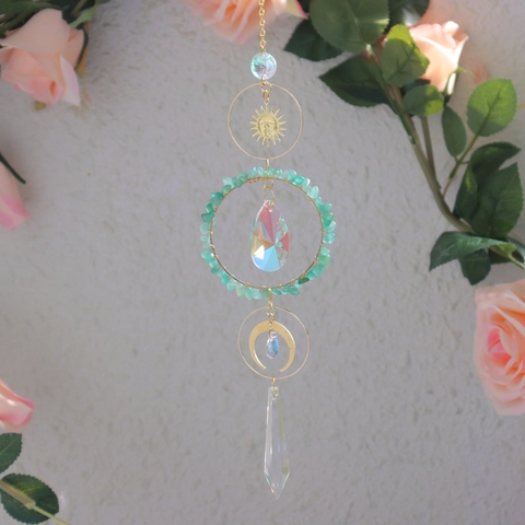 Crystal Suncatcher Hanging Ornament With Metal Sun Moon Prism Ball Rainbow Maker Natural Stone Boho Window Garden Decor