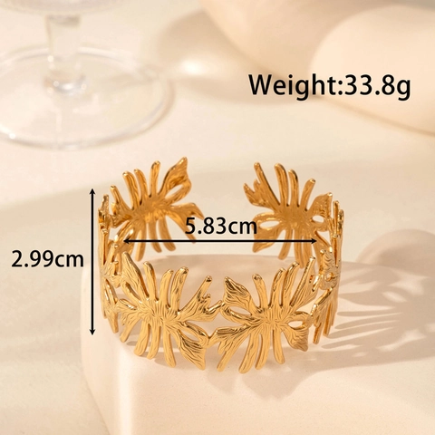 Edelstahl Manschette Armband Damen Breit Hohl Blume Blatt Vintage Boho Offener Reif Vergoldet