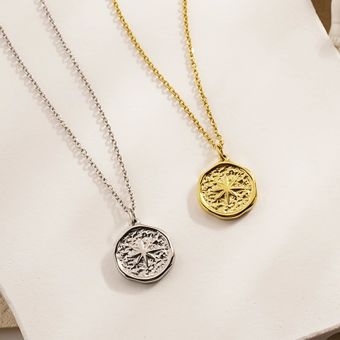 Vintage Edelstahl Achtzackiger Stern Anhänger Halskette Unregelmäßige Gehämmerte Struktur Gold Silber Damen Schmuck
