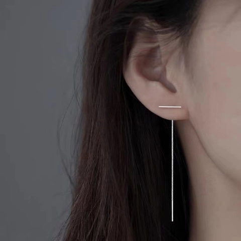 925 Sterling Silver Long Ear Threader Earrings For Women Minimalist T-Bar Linear Chain Drop Earrings Geometric Silver Jewelry