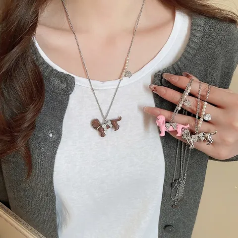 Κολιέ Μενταγιόν Dachshund Dog Alloy Rhinestone Bowknot Imitation Artificial Pearl Heart Charm Χαριτωμένα Κοσμήματα Κινούμενων Σχεδίων