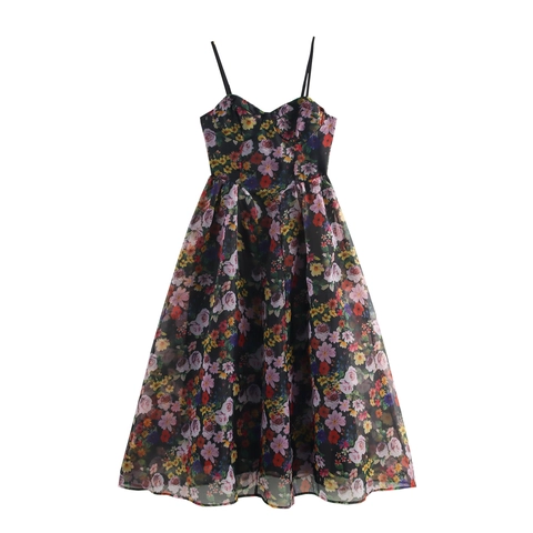 Bloemen Organza Camisole Maxi Jurk Zoete Hartvormige Hals Hoge Taille A-Lijn Spaghetti Bandjes Elegante Lange Jurk