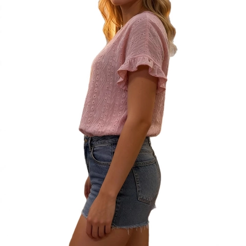 Women Pink Hollow Out Knit T-Shirt Ruffle Short Sleeve Round Neck Casual Elegant Solid Commuter Top