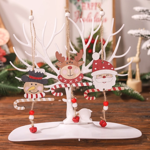 Pendenti Di Natale In Legno Dipinti Babbo Natale Pupazzo Di Neve Renna Bastoncino Di Zucchero Ornamenti Con Campanello Per Albero