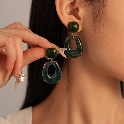 Vintage Geometric Drop Earrings Resin Marble Texture Dark Green Dangle Jewelry With Silver Earring Post For Women