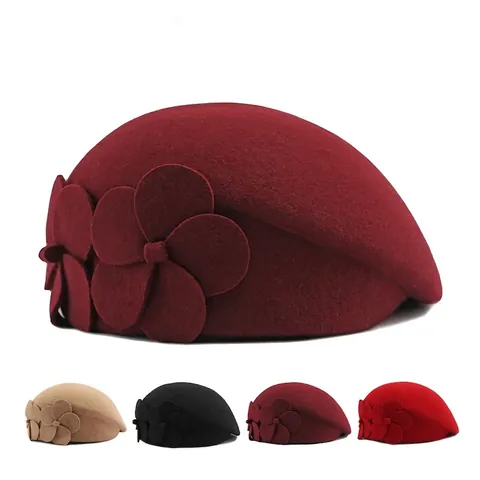 Women Wool Beret Hat Elegant Retro French Style Artist Painter Cap With Flower Decorations Winter Warm Headwear