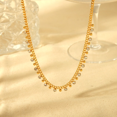 Collana Con Nappine In Acciaio Inossidabile Con Perle Tonde E Zirconia Placcata Oro 18K Impermeabile Gioielli Eleganti Da Donna