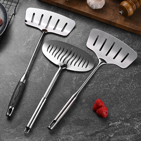 Spatule À Poisson Rainurée En Acier Inoxydable 304 Avec Manche En Bois De Rose Longue Pelle À Frire Pour Steak Œuf Cuisine