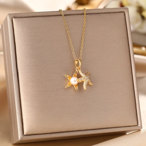 Collana Con Ciondolo A Stella Marina Acciaio Al Titanio Con Perla Artificial Sintetica E Zirconia Per Donna Gioιelli Minimalisti