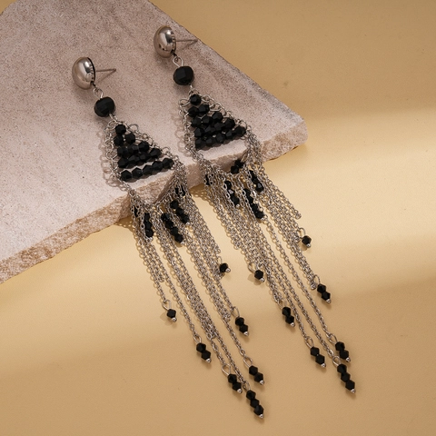 Pendientes Colgantes De Borla De Cadena De Cuentas De Vidrio Geométricas Con Poste De Plata Estilo Bohemio Vintage