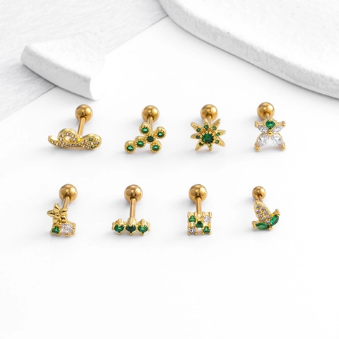 Orecchino Cartilagine Zircone Verde Rame Croce Serpente Fiore Gioielli Piercing Con Chiusura A Vite