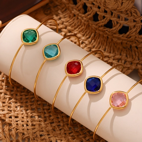 Minimalist Stainless Steel Open Bangle Bracelet With Square Cut Czech Glass Gemstone For Women Adjustable Jewelry