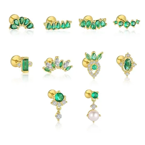 925 Sterling Silver Green Zirconia Stud Earrings For Women Irregular Geometric Luxurious Gold Plated Artificial Pearl Jewelry