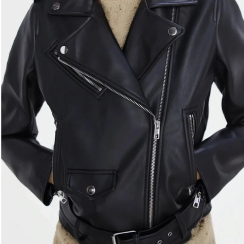 Chaqueta De Motocicleta De Cuero Sintético Para Mujer Corta Vintage Biker Moto Ropa Con Cinturón Cremallera Plateada