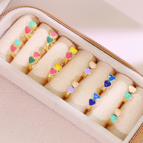 Créoles Forme Double Coeur Plaqué Or 14K Argent Sterling 925 Émail Coloré Huile Goutte Mode Accessoire Femmes