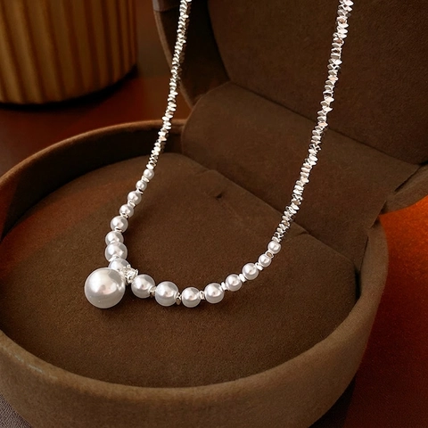 Artificial Pearl Pendant Necklace With Silver Tone Faceted Beads And Zircon Minimalist Elegant Clavicle Chain For Women