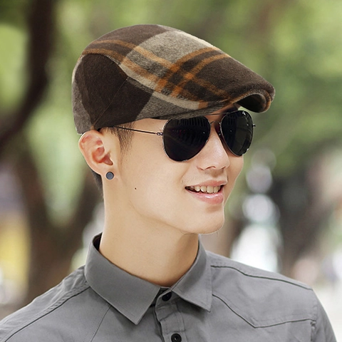 Vintage British Style Woolen Plaid Beret Hat For Men Women Autumn Winter Warm Adjustable Flat Cap Newsboy Painter Hat