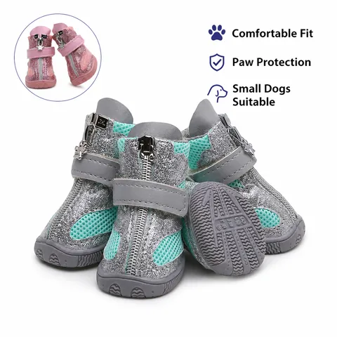 Zapatos Brillantes Perros Malla Transpirable Suela Goma Antideslizante Botas Altas Mascotas Con Cremallera Y Velcro
