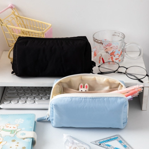 Minimalist Solid Color Pencil Case Large Capacity Polyester Zipper Stationery Bag With Mesh Interlayer For Students