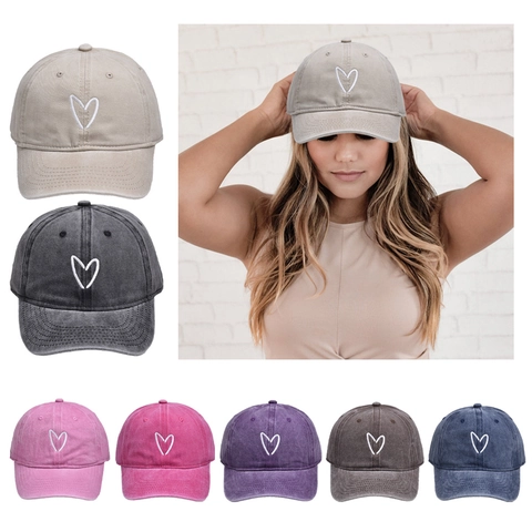 Casquette De Baseball En Coton Délavé Broderie Cœur Vintage Distressed Ajustable Dad Hat Pour Femmes Et Hommes Sport De Plein Air
