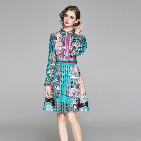 Vrouwen Elegante Print Midi Jurk Lange Mouw Strik Nek A-Lijn Satijnachtig Polyester Retro Overhemdjurk Bloemen