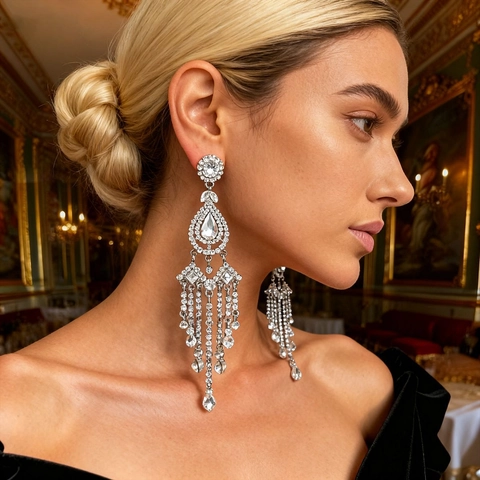 Exaggerated Rhinestone Flower Chandelier Tassel Earrings With 925 Sterling Silver Earring Post For Women Wedding Party