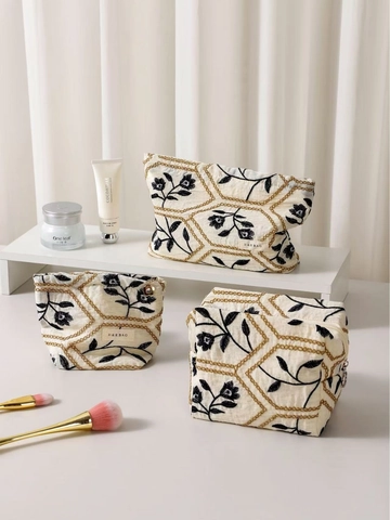 Vintage French Embroidery Cosmetic Bag Canvas Floral Makeup Pouch Portable Travel Toiletry Case Organizer For Women