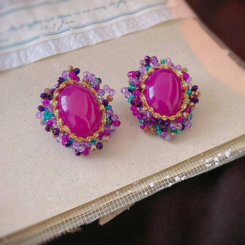 Pendientes De Estilo Barroco Vintage Con Poste De Plata Cristal Acrilico Ovalado Magenta Y Cuentas De Colores Para Mujer