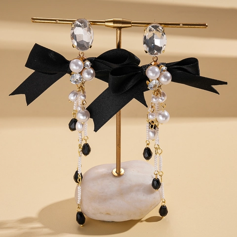 Pendientes Largos De Borla Con Lazo De Cinta Negra Perla Artificial De Imitación Strass Pasador De Plata Retro Elegante Mujeres