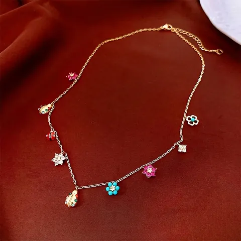 Ciondoli Fiore Coccinella Zircone Colorato Collana E Bracciale Vintage In Rame Stile Di Lusso Per Donna